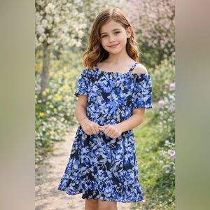 NWT The Children’s Place Blue Floral Off Shoulder Dress Size L 10/12 Ruffle Boho